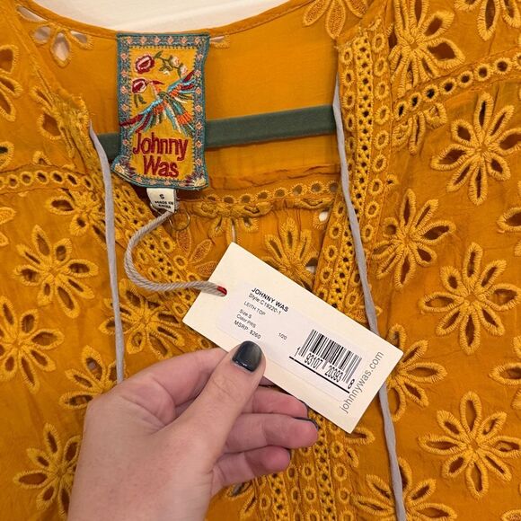 Johnny Was Leith V-Neck Boho Flower Eyelet Top Persimmon Silver Tassel Small NWT - Picture 4 of 8
